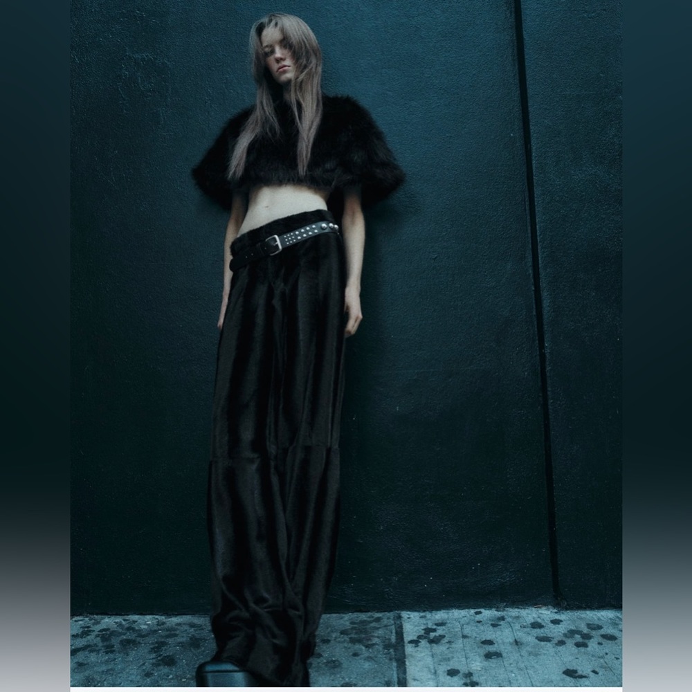 ZARA | FAUX FUR STRAIGHT LEG PANTS black